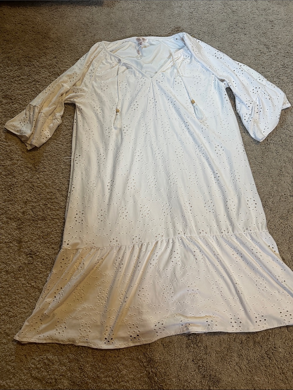 ESQUALO White Eyelet Midi Dress with Tie Neck